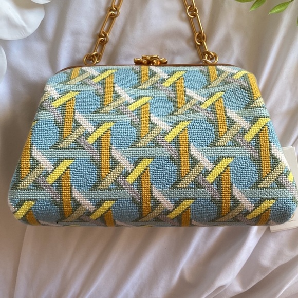 Tory Burch Cleo Basketweave Blue Caning Logo Geo Needlepoint Small Bag - Picture 3 of 15